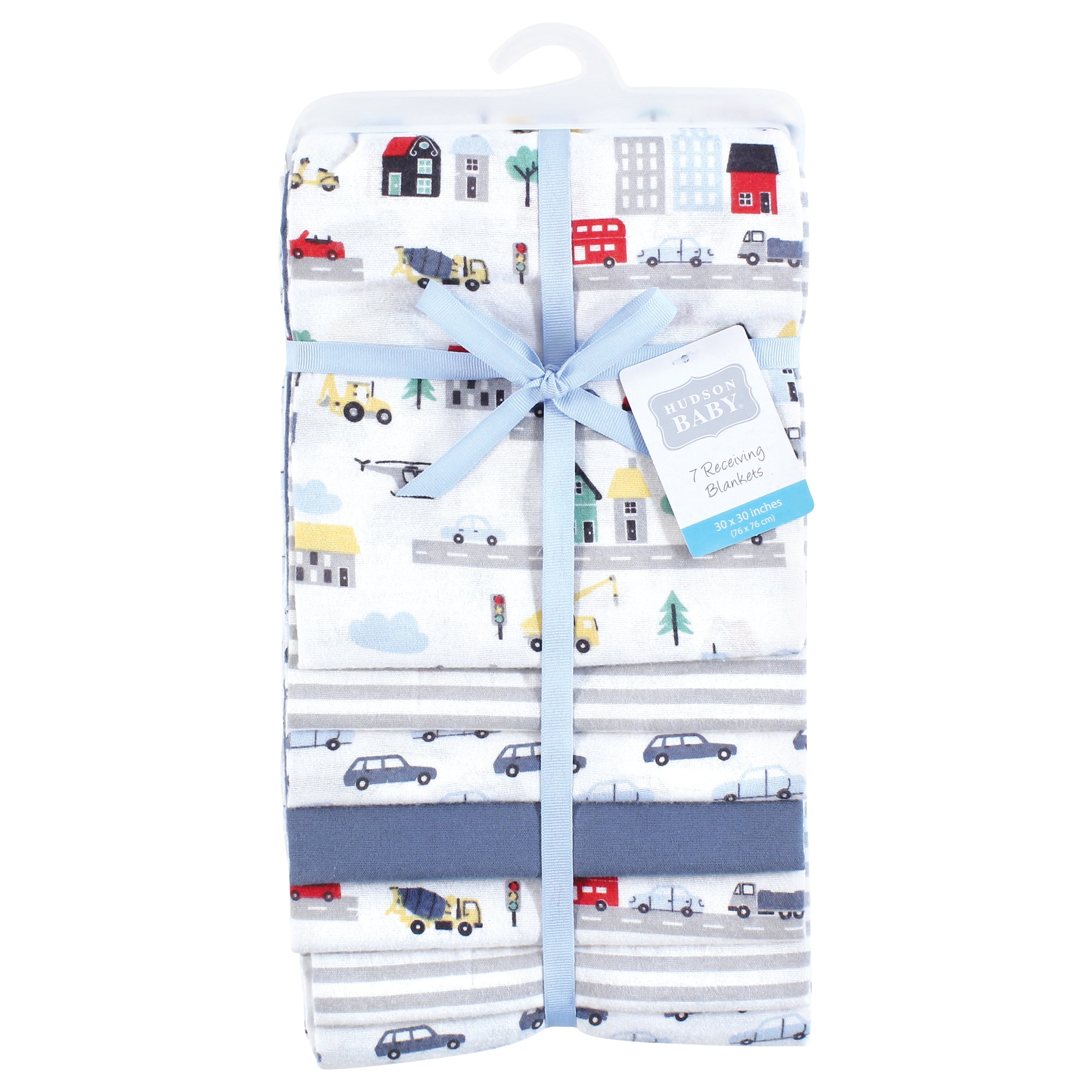 Little Treasure Hudson Baby Boys Cotton Poly Flannel Receiving Blankets Multipack, Blue City Life, 30x30 inches