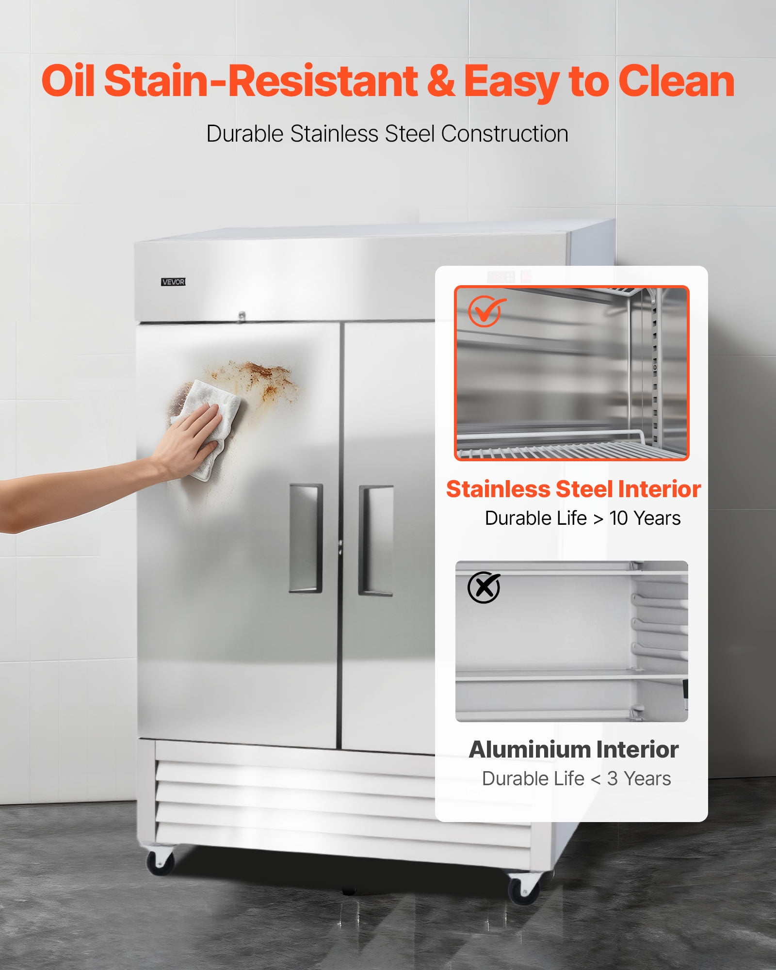 VEVOR Commercial Reach-In Freezer 54" W, 44 Cu.Ft Stainless Steel Upright Freezer with Double Doors, Auto-Defrost, 8 Adjustable Shelves, -11 to 14℉ Temp Control, ETL Certified