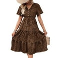 thumbnail image 2 of ITSAME Womens Flare Dress, Short Sleeve Leopard Buttons V Neck Drawstring Waist Pleated Flowing Dress Coffee S, 2 of 3
