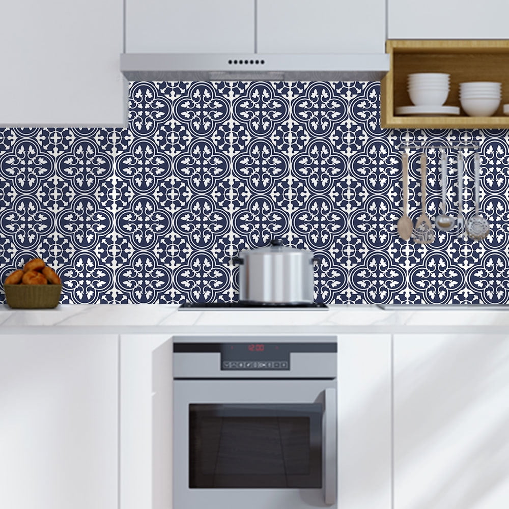 Encaustic Peel and Stick Backsplash, Blue Patterned Stick on Tile, Self-Adhesive Wall Tile Sticker for Kitchen Bathroom Fireplace Stairs, 9 Sheets