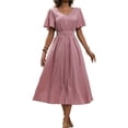 thumbnail image 2 of Women Casual Midi Maxi Dresses Polka Dot Print Short Sleeve V Neck Elastic Waist Boho Beach Dress Pink M, 2 of 9