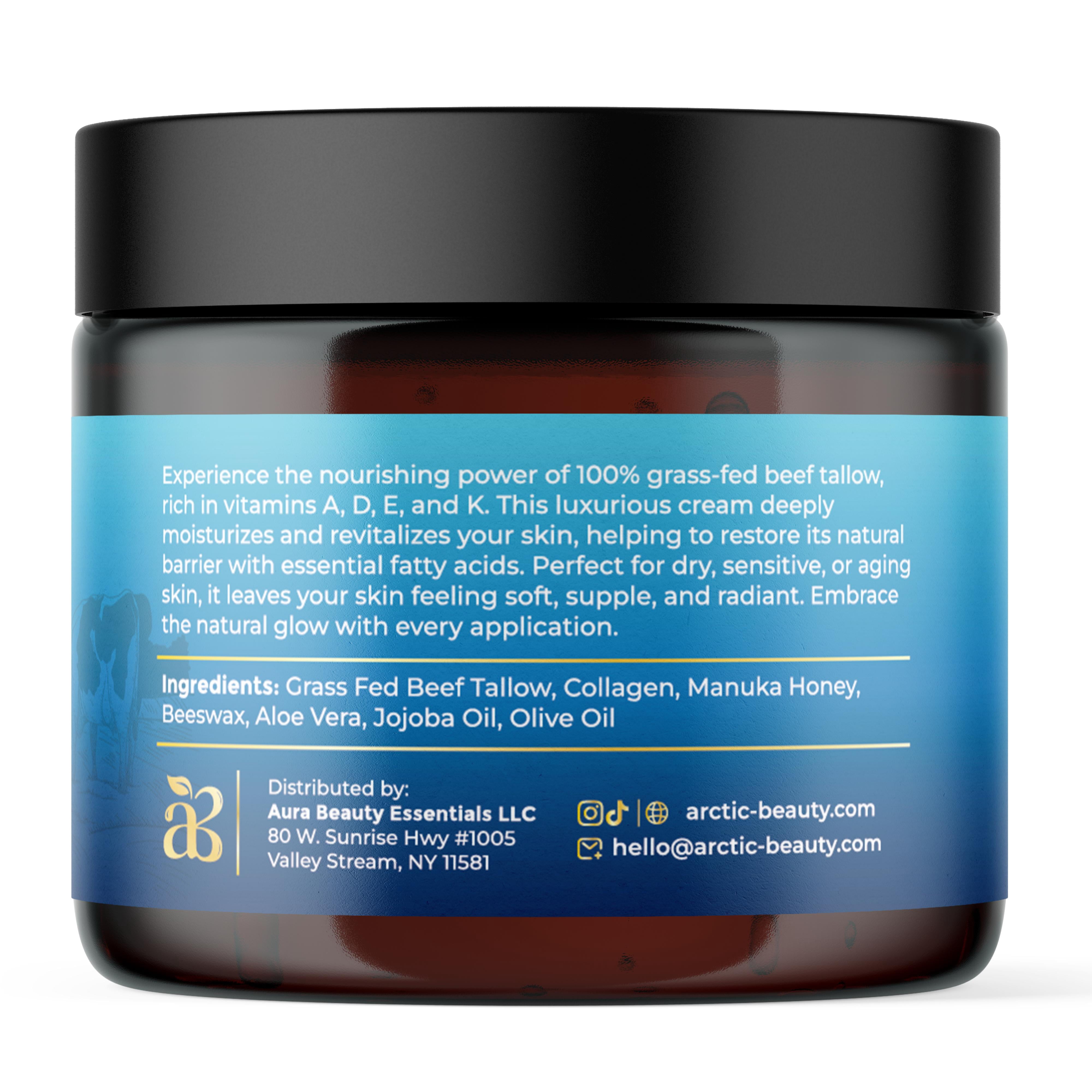 Arctic Beauty Beef Tallow Face & Body Moisturizer with Manuka Honey, Aloe Vera, Jojoba Oil & Wild Blueberries – Natural Tallow Cream for Sensitive, Dry Skin 3PK