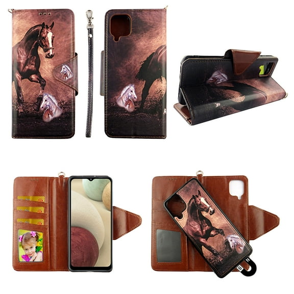 Case For Samsung Galaxy A12 5G Detachable Magnetic Wallet Pu Leather Cover Flap Closure Snap-on Book Style Cases Cash Pocket with Card Slots Holder Wrist Strap 2 in 1 Folio Brown Horse