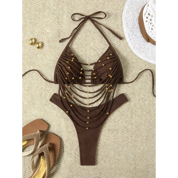 Top-kevin Two Piece Women's Triangle Bikini Sets Sexy Halter String Swimsuits Tie Lace Trim Bathing Suit Trendy Beach Swimwear