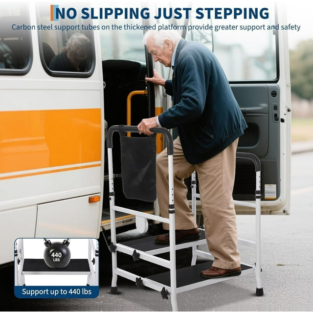 Royalbelle Step Stool with Dual Handle and Non Skid Rubber Platform,Bed Rails with Adjustable Height Bed Safety Step,Handicap Steps for Elderly,Daily Support,Double Handrails and Double Layers