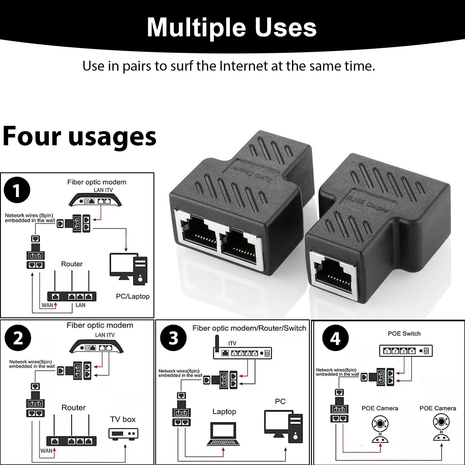 Poyiccot RJ45 Splitter Adapter, Ethernet Splitter RJ45 Network Extension  Connector for Cat5, Cat5e, Cat6, Cat7 Cable Share Two Devices of The  Internet