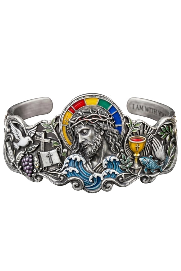 Jesus Christ Crown of Thorns Cuff Bangle, Vintage Catholic Religious Enamel Bracelet, Christian Faith Symbols Adjustable Wide Open Bangle Jewelry Gift For Men Women