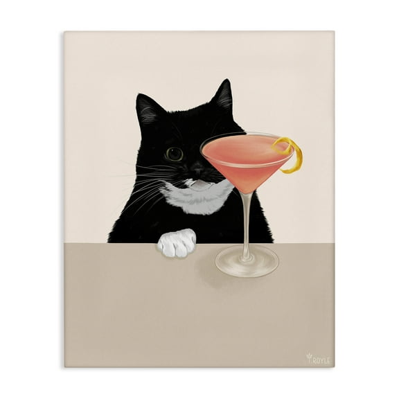 Stupell Industries Cat & Pink Cocktail Food & Beverage Painting Gallery Wrapped Canvas Art Print Wall Art, 16 x 20