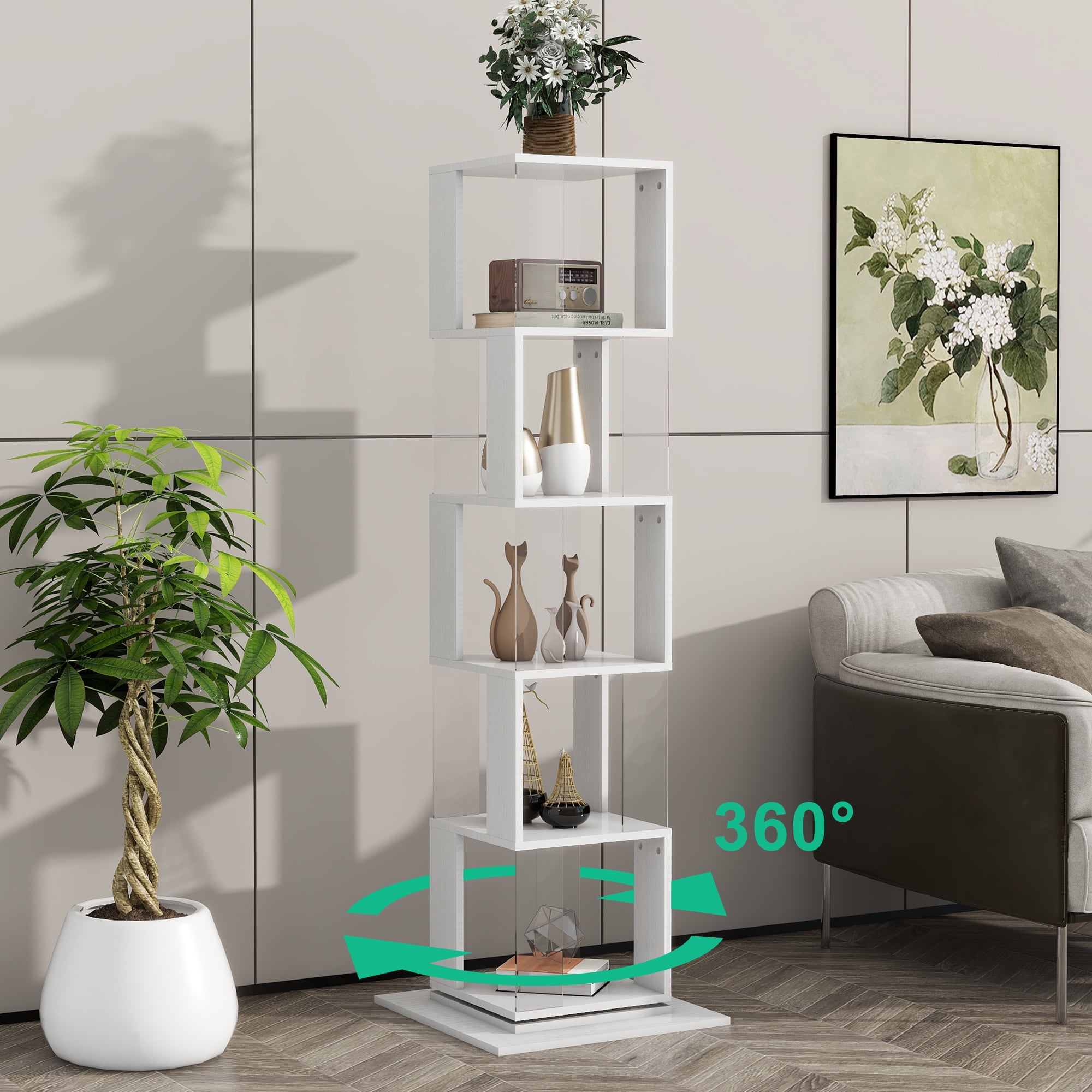 MAYEERTY 5-Tier Rotating Bookshelf, Space-Saving Bookcase with Acrylic Plate & Anti-Tipping Base