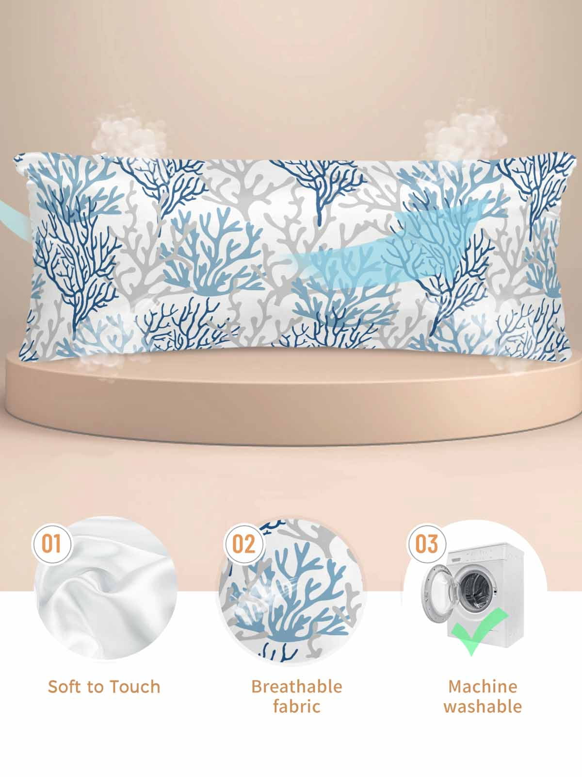 Navy Blue Coral Coastal Pillow Cases Body Size, Smooth Satin Pillowcase for Hair and Skin, Summer Beach Seaside Nautical Decorative Cooling Bed Pillow Covers with Zipper, 20x54 Inches