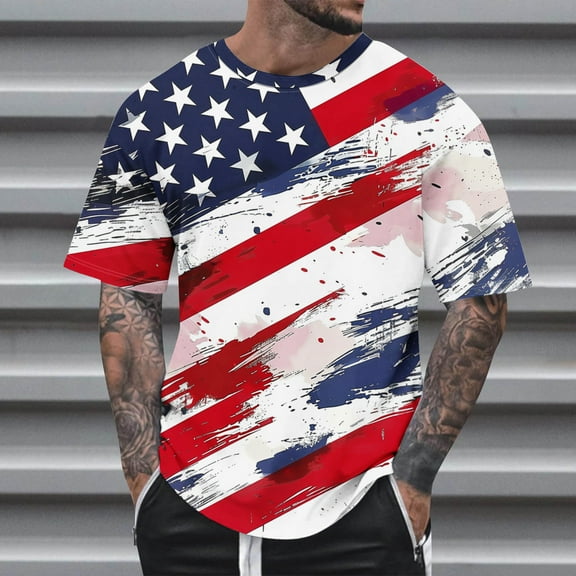 Lilgiuy Independence Day Shirts for Men 2024 Patriotic T-Shirts Short Sleeve Round Neck American Flag Fun Tee Shirts Gift for Friends(Multicolor,L)