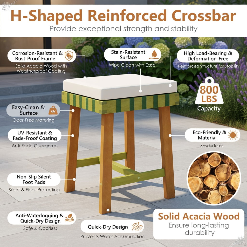 Hommoo 48" Acacia Wood Outdoor Bench with Removable Thick Cushion, Wood & Off-White Fabric, Woven Rope Seat, Heavy-Duty H-Frame, Natural