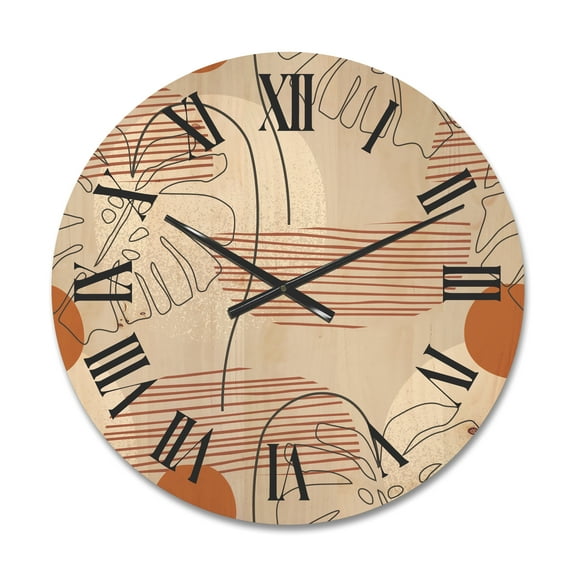 Designart 'Abstract Monstera Leaf and One Line Art Shapes' Modern Wood Wall Clock
