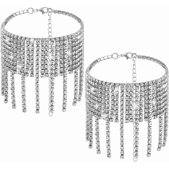 PH 2pcs Rhinestone Ankle Sparkly Tassel Anklet 9-7/8 Inch Glitter Anklets Bling Foot Chains Diamond Anklets Bracelets Silver