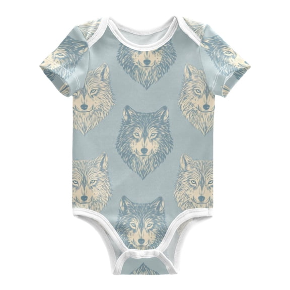 Elegant Wolf Face Pattern Pure Cotton Bodysuit Short Sleeve Pajamas One-Piece Romper Unisex 3 Months
