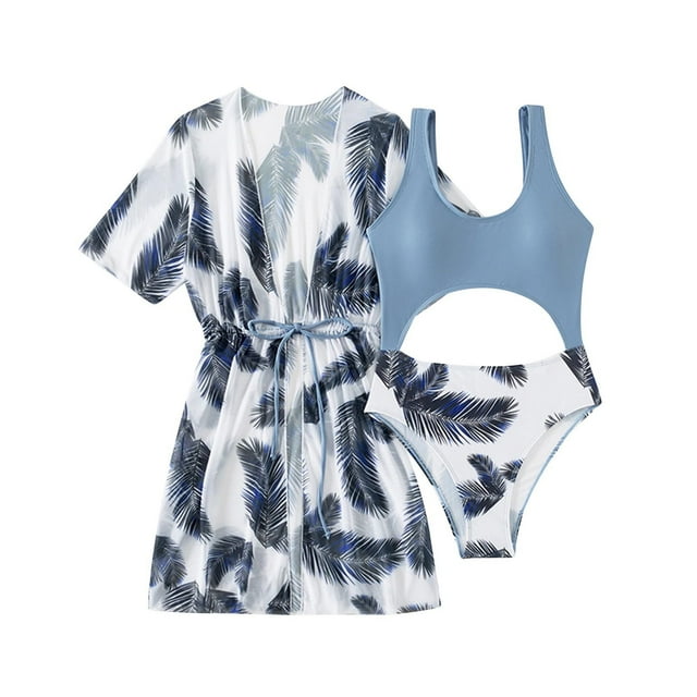 Odeerbi 8-14 Años Bikini de Playa Para Niñas Con Kimono Conjunto de Baño Hawaiano Traje de Baño Floral Traje de Baño de Manga Corta Con Estampado de Plumas Traje de Baño de Tres Piezas
