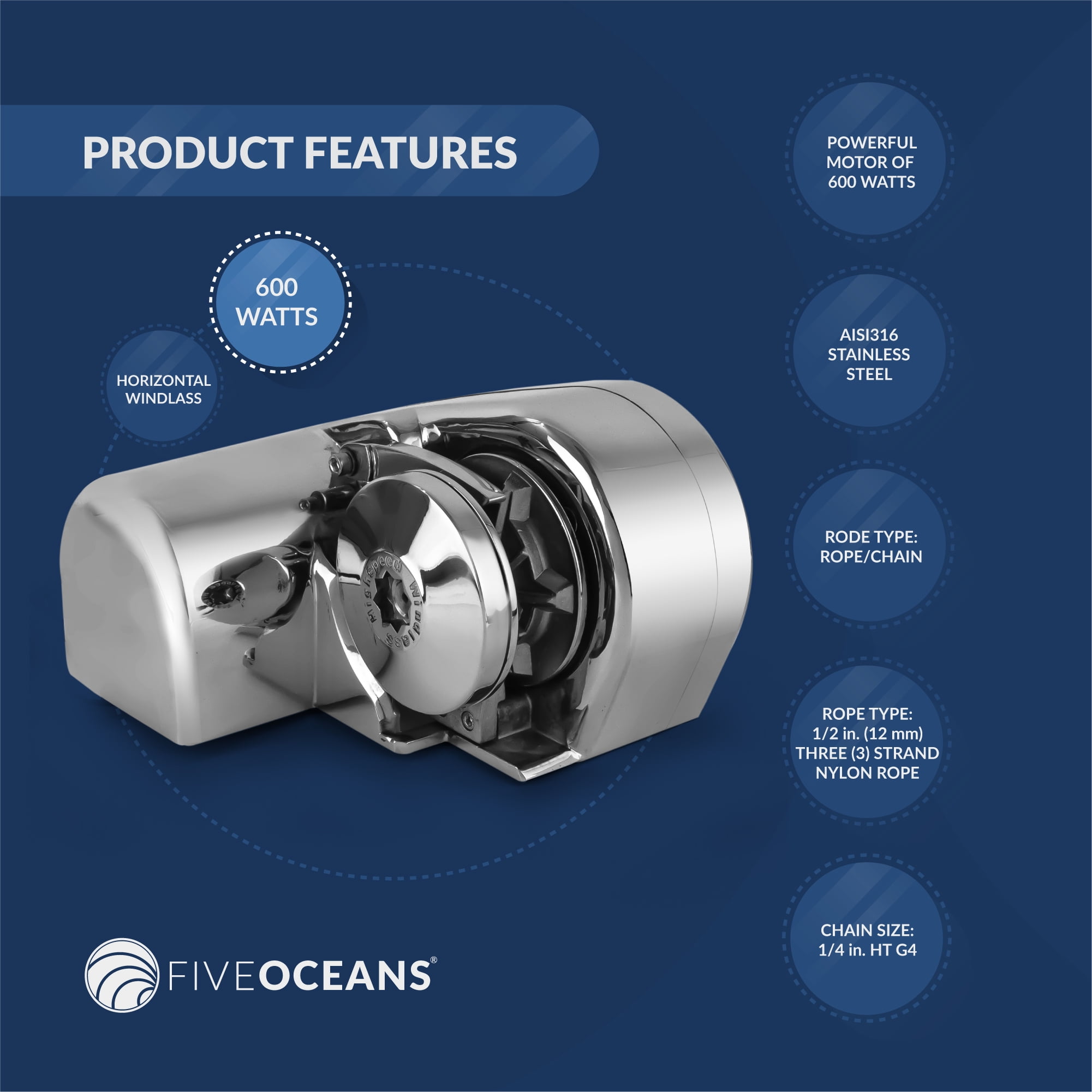 Five Oceans Pacific 900 Vertical Anchor Windlass 900W/1450 lbs 1/4 inches HT-G4 Chain and 1/2 inches Rope FO-3287-2