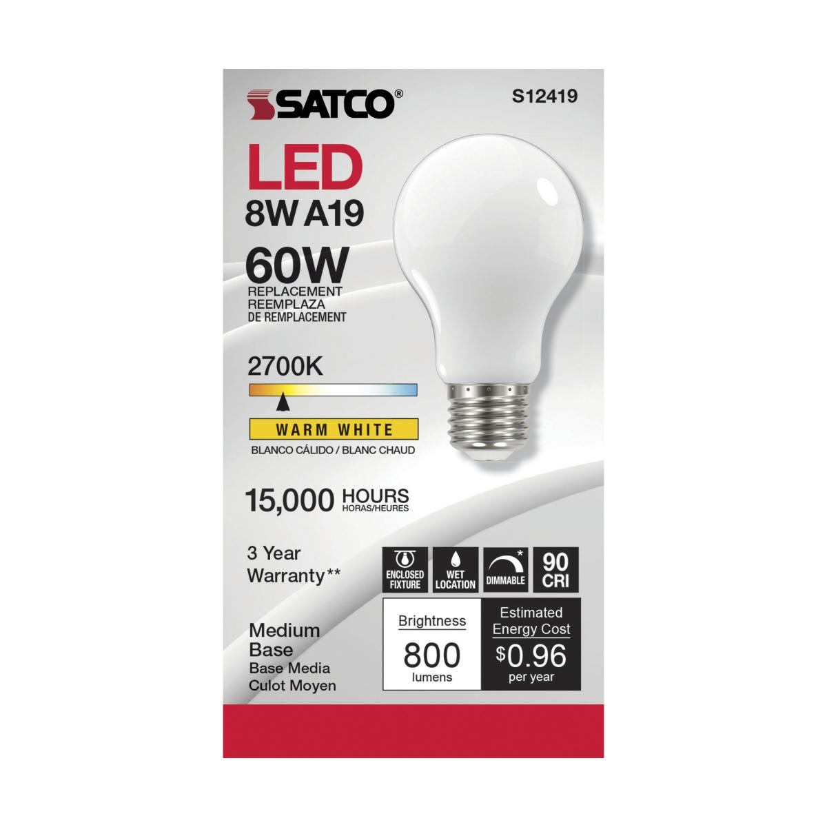 SATCO S12419 A19 LED Bulbs 8W 120V 2700K E26 Medium Base Frosted Finish Dimmable (6 Pack)
