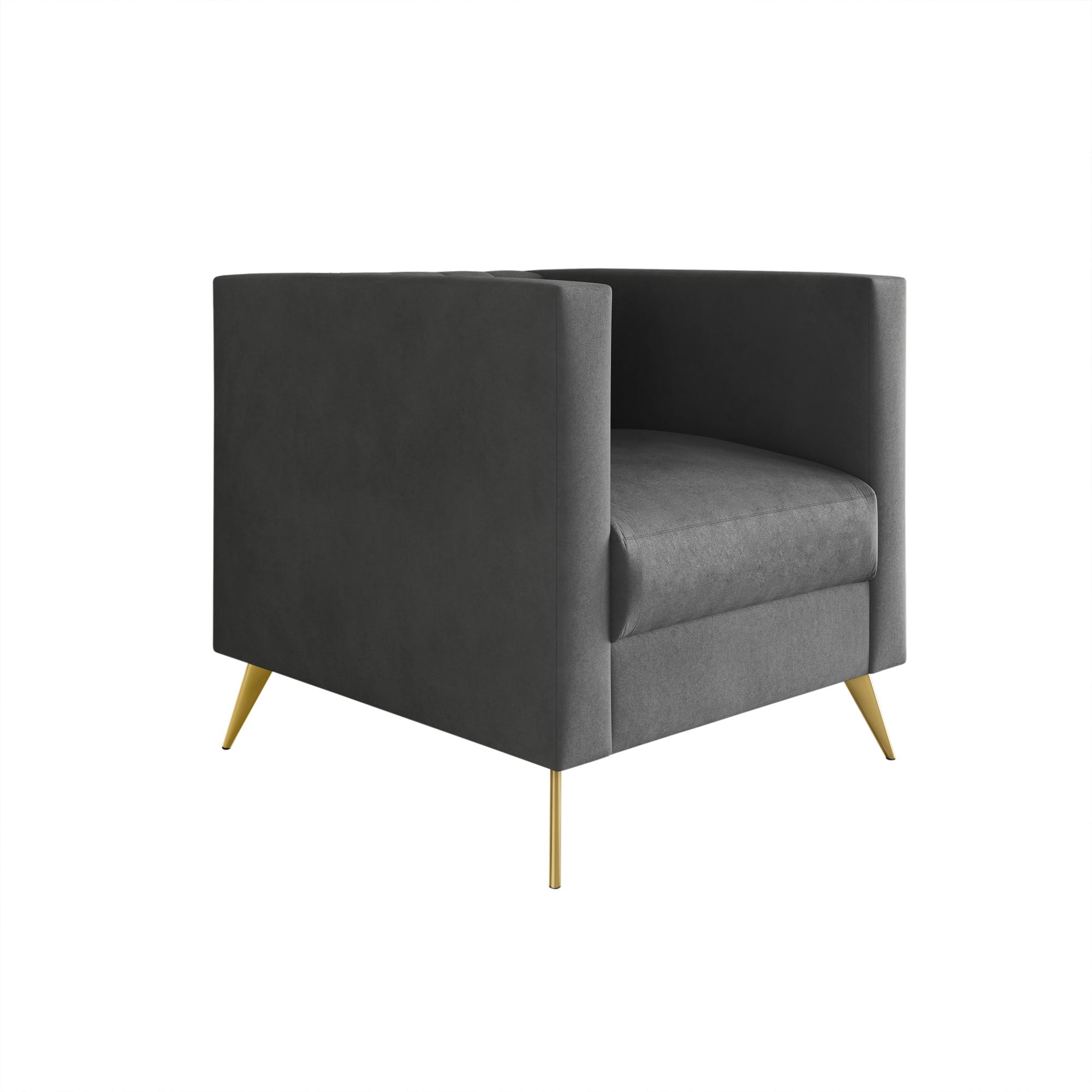 Home Design Weiss Velvet Square Arm Chair with Channel-Tufted Back and Gold Metal Legs, Modern Upholstered Living Room Seating, Dark Gray