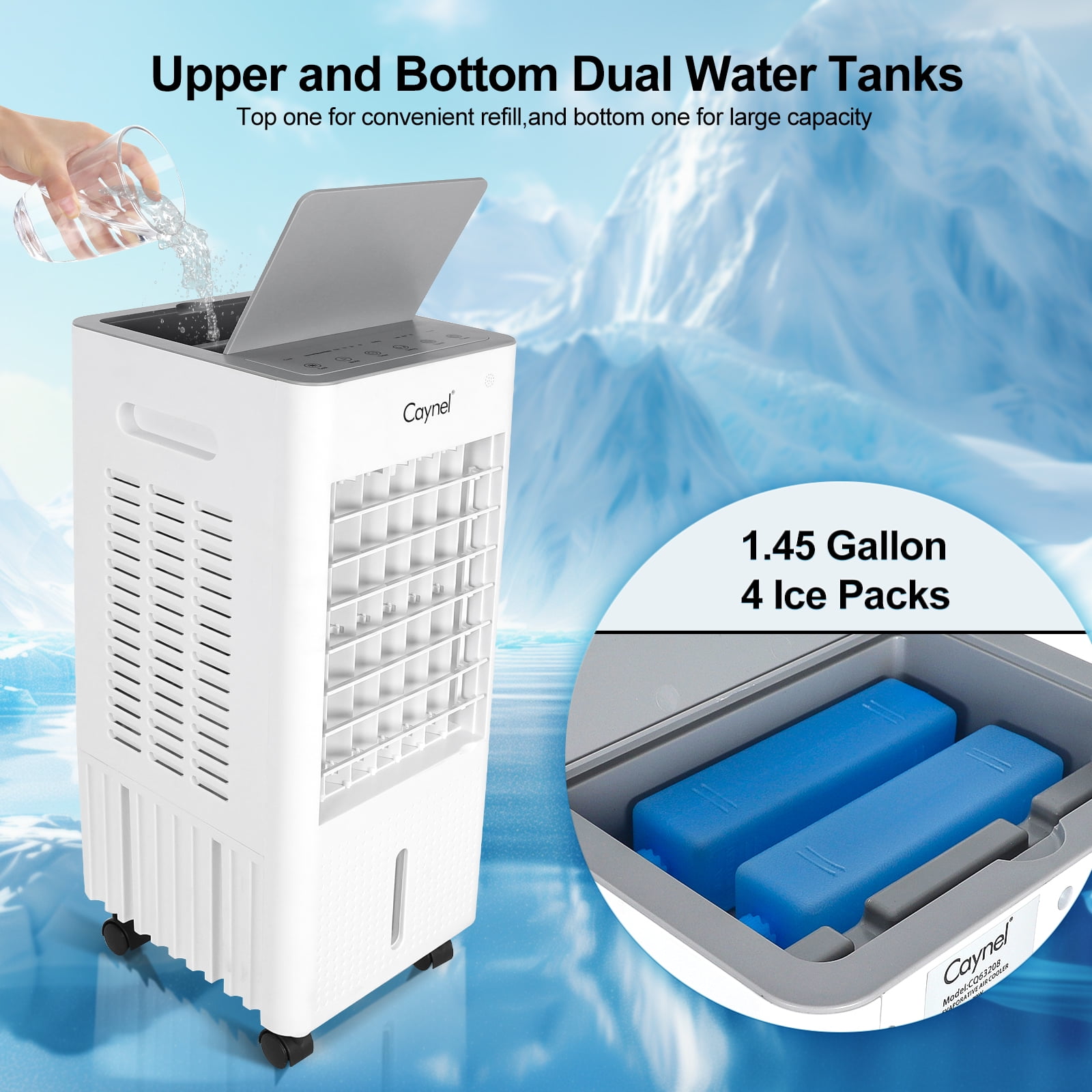 CAYNEL Portable Air Conditioners w/Remote, 4 Modes & 3 Speeds,Waterless Alert System & 1.45-Gal Tank for 20H Cooling, 7.5H Timer for Auto Off,3-IN-1 Evaporative Air Cooler for Room Bedroom Office