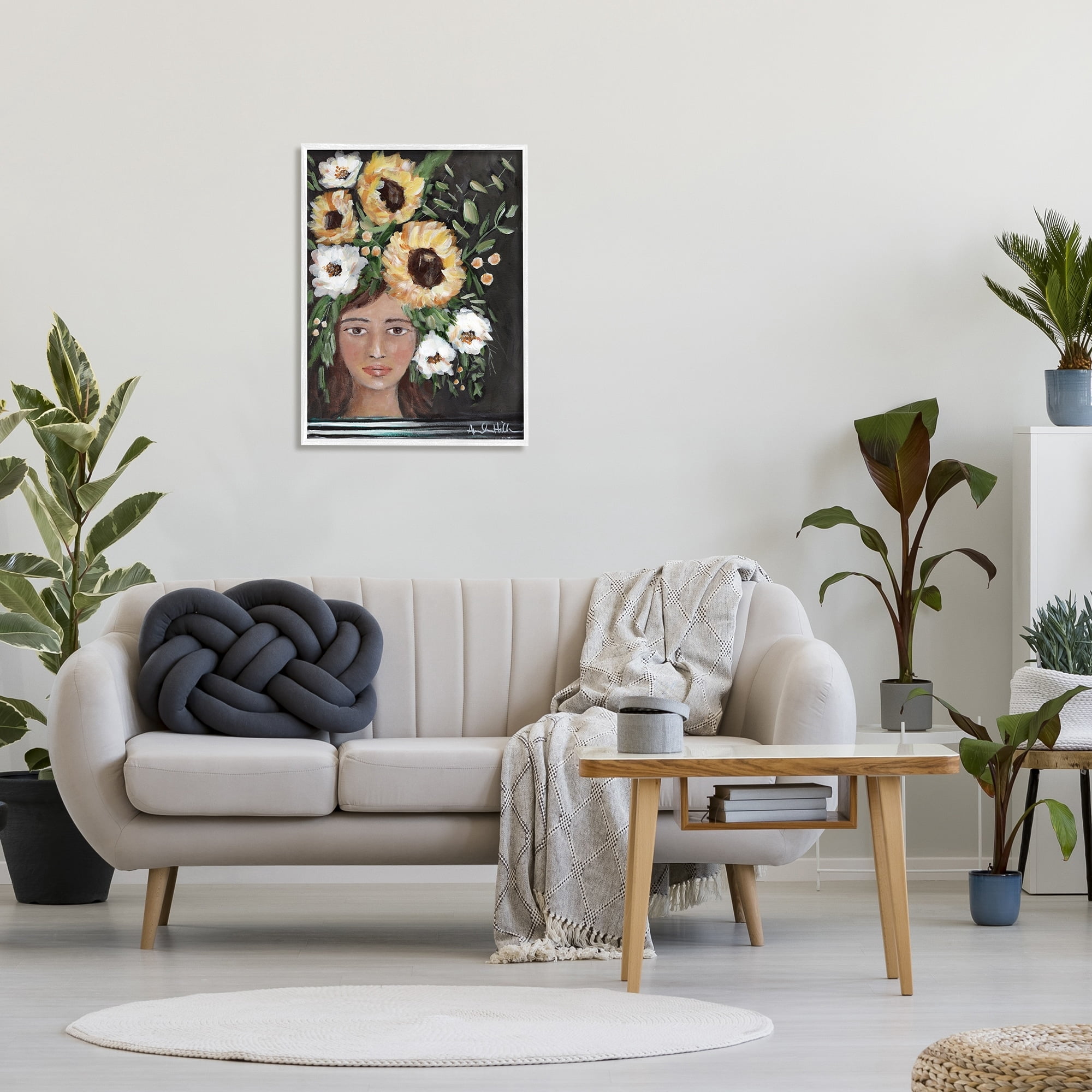 Stupell Industries Girl Wearing Flower Crown Yellow White Blossoms Painting Painting White Framed Art Print Wall Art, Design by Amanda Hilburn