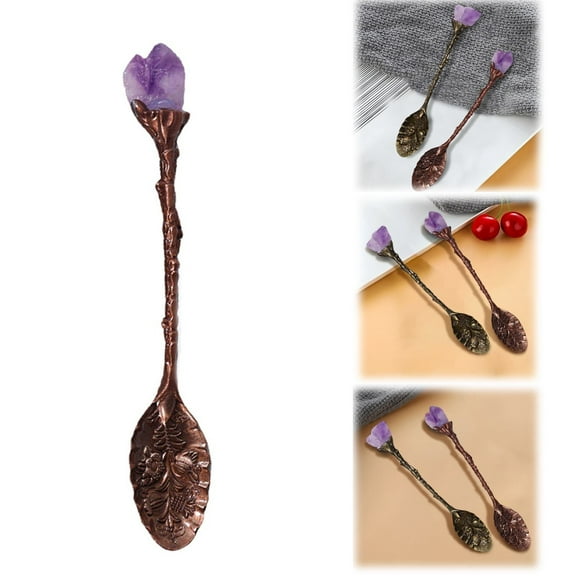 Goowood Amethyst Crystal Stainless Steel Coffee Spoon with Long Handle Elegant Natural Purple Stone Dessert Stirrer Tableware for Gift