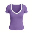 thumbnail image 5 of Ribbed Short Sleeve Tops for Women V Neck Ribbed Knit Color Block T Shirts Low Cut Fitted Casual Summer Basic Tees 2026 Purple L, 5 of 6