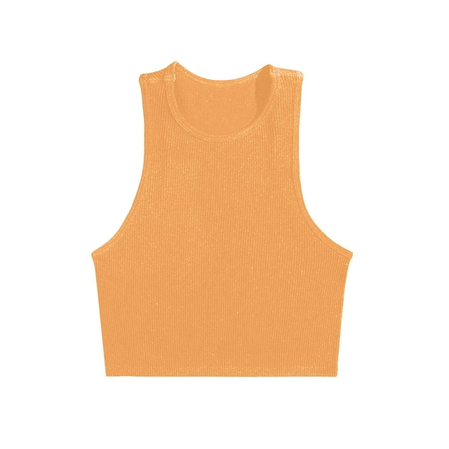 Penkiiy Women's Ribbed Knit Sleeveless Round Neck Slim Fitted Basic Crop Tank Top L Orange