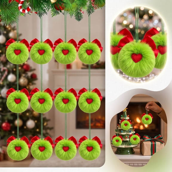 Bow Heart Xmas Bauble Ornaments, Attached Hanging String Consistent Set Layout Eye Catching Surface Embellishments, Soft Tree Decor for Door Garland Window Indoor Christmas Home Layout