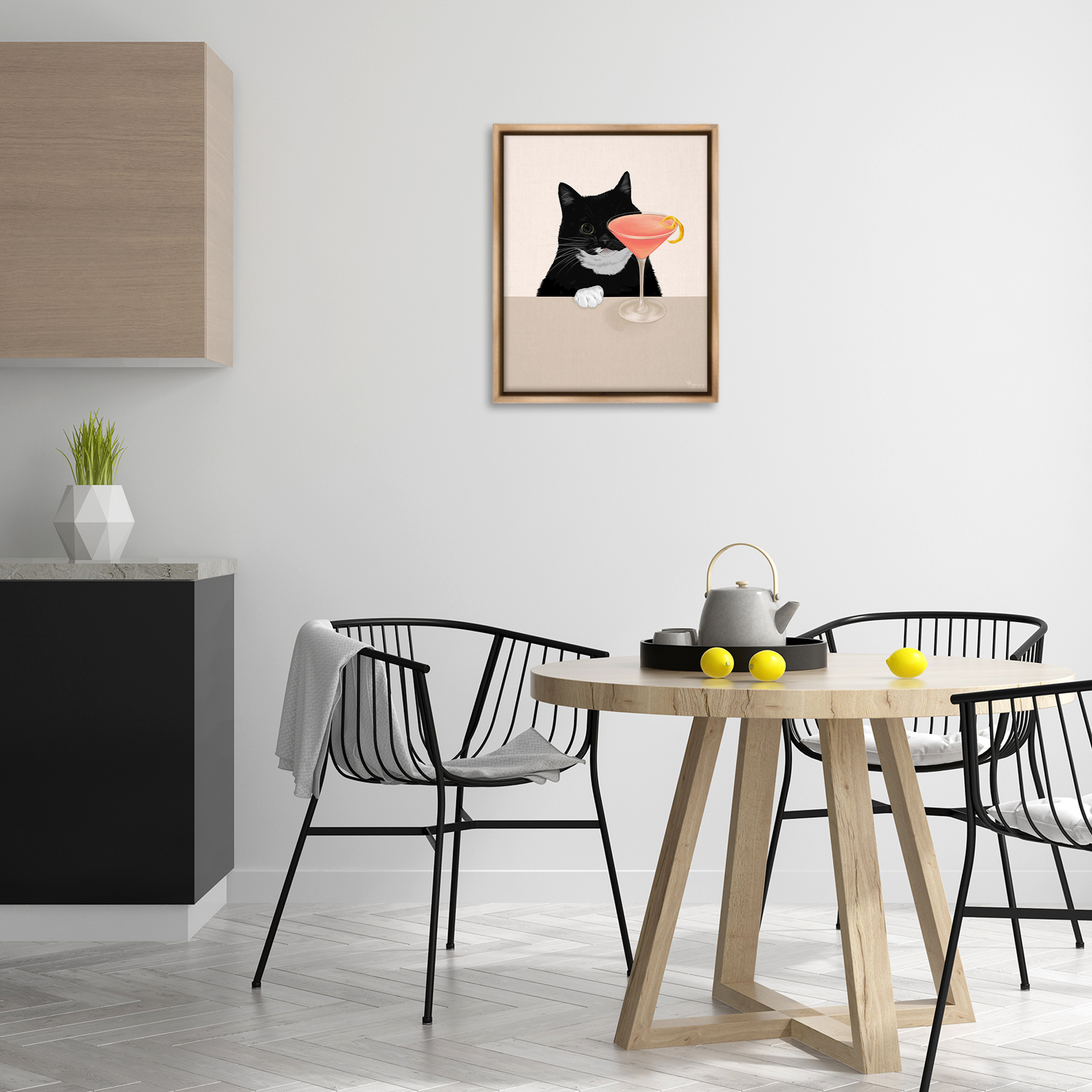 Stupell Industries Cat & Pink Cocktail Food & Beverage Painting Brown Floater Framed Art Print Wall Art, 17 x 21
