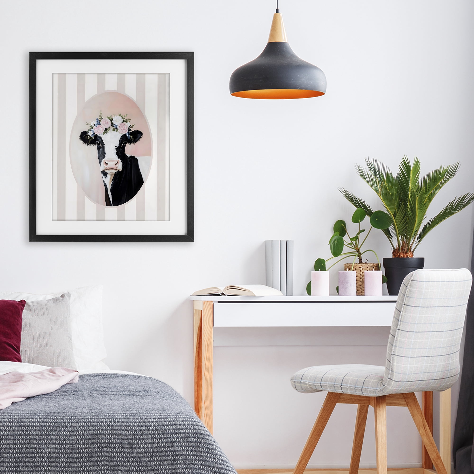 Stupell Industries Soft Cow with Floral Crown Black Framed Print Under Glass, design by Arlington Prints
