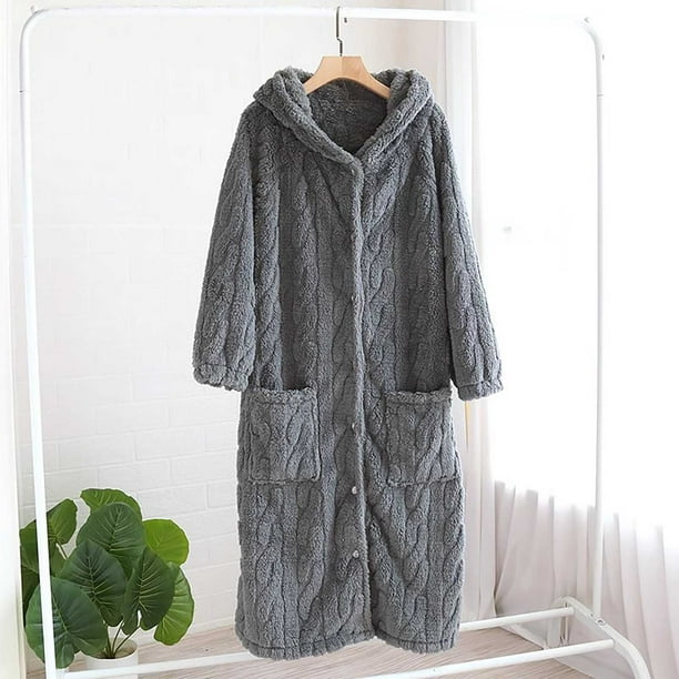 Batas de invierno para mujer, de forro polar, con capucha, manga larga, cuello redondo, largo medio, camisón para mujer
