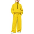 thumbnail image 5 of XIMIN Girls Half Zip 2 Piece Sweatsuit, Mock Neck Sweatshirt with Thumbholes, Wide Leg Sweatpants, Tracksuit Set (Yellow, 9-10 Years), 5 of 9