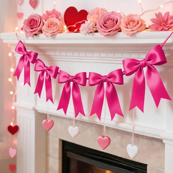 Guvpev 6.5FT Hot Pink Bow Garland Banner Decorations, Pre-Strung Satin Ribbon Bows for Birthday, Baby Shower, Bridal Shower, Coquette Girls Room, Bow Themed Party, Wedding, Christmas Tree Decorations