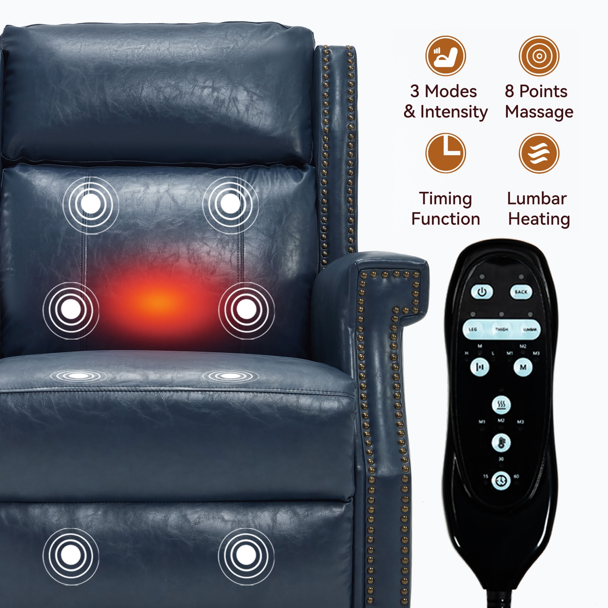 MAYEERTY Manual Massage Recliner Chair, Faux Leather Lounge Armchair with Nailhead Trim & Lumbar Heat, for Living Room Home Theater