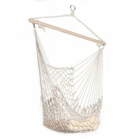 Wooden Hammock Swing Akoyovwerve Outdoor Hanging Swing Cotton Hammock Chair Solid Rope with Wooden Bar Yard Patio Porch Garden, Beige ()