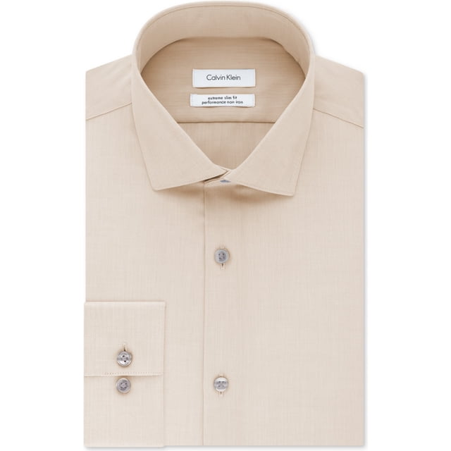 Calvin Klein Mens Non-Iron Button Up Dress Shirt ltbeige 16