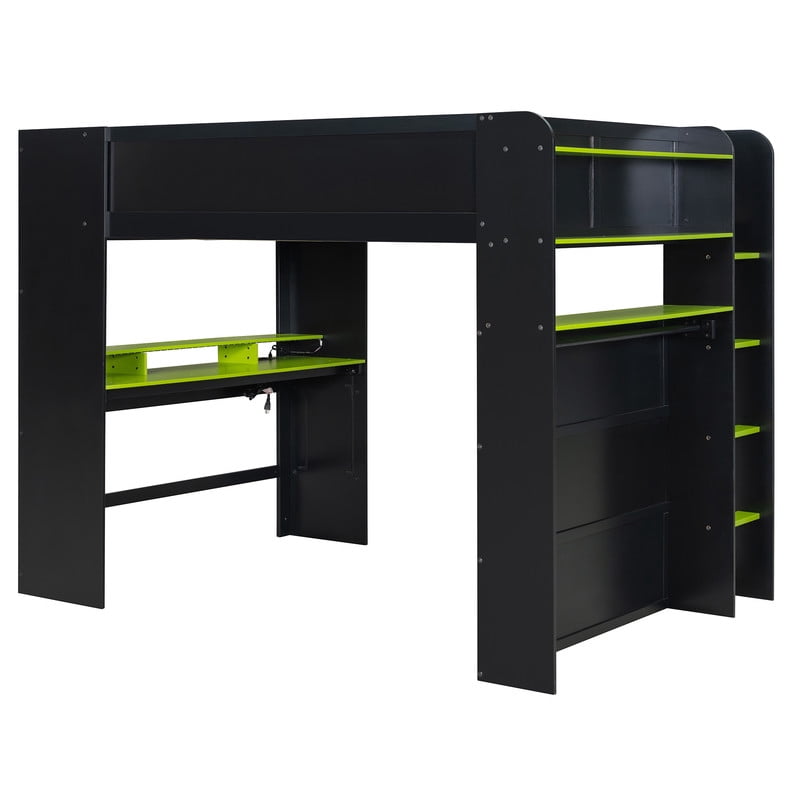 Full Size Wood Loft Bed with Desk, Wardrobe and Storage, Height Adjustable Gaming Loft Bed with USB Charging Port, RGB LED Light Strip, PC Tower Space and Shelves for Bedroom