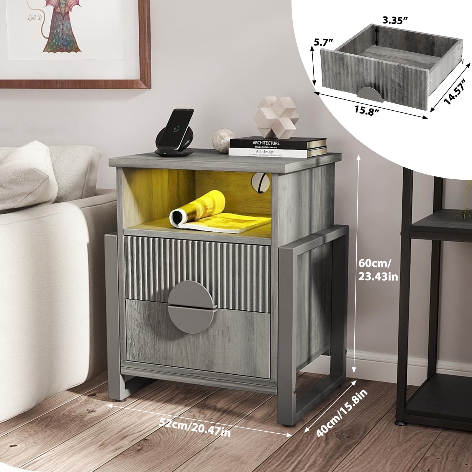 Holliwill Nightstand with Charging Station Set of 2, 2 Drawer Dresser for Bedroom with LED Light, Fluted Bedside Table End Table Side Table for Living Room, Gray