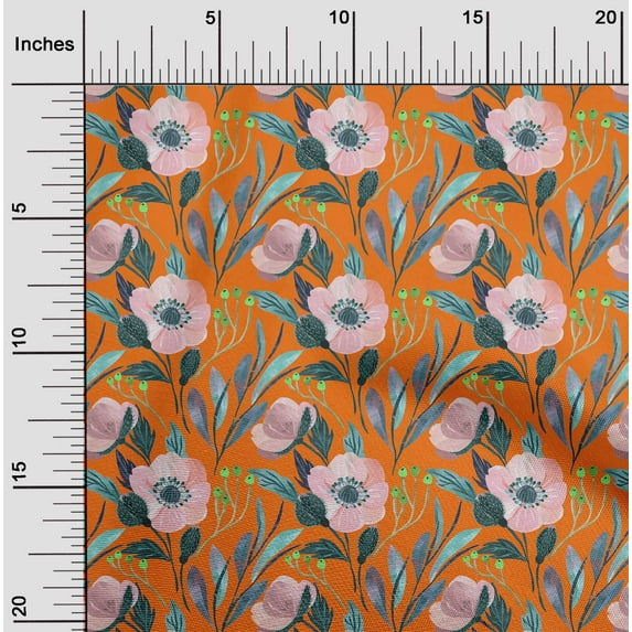 oneOone Cotton Poplin Twill Orange Fabric Leaves & Flower Floral Craft Projects Decor Fabric Printed By The Yard 56 Inch Wide
