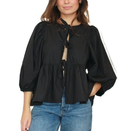 Women Y2K Peplum Tops Puff Short Sleeve Lace Up Tie Open Front Ruffle Hem Blouse Shirt Summer Going Out Cute Babydoll Tops