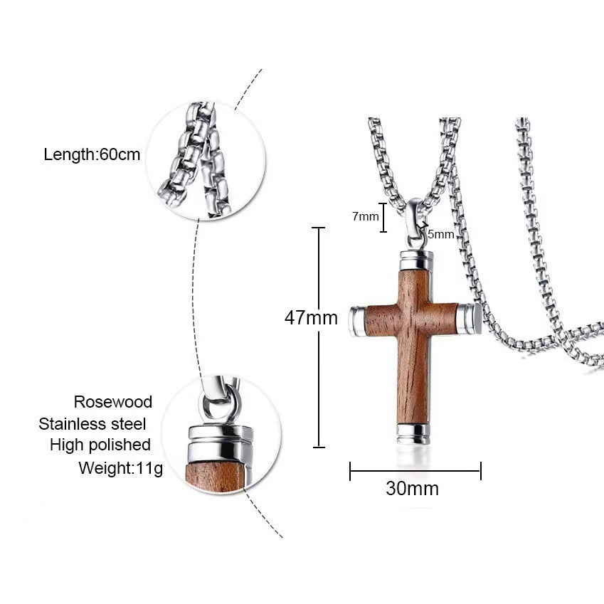 Miren Men’s Wooden Cross Necklace – Handmade Ebony Christian Cross Pendant with Stainless Steel Chain, 24” Brown Baptism Gift for Men