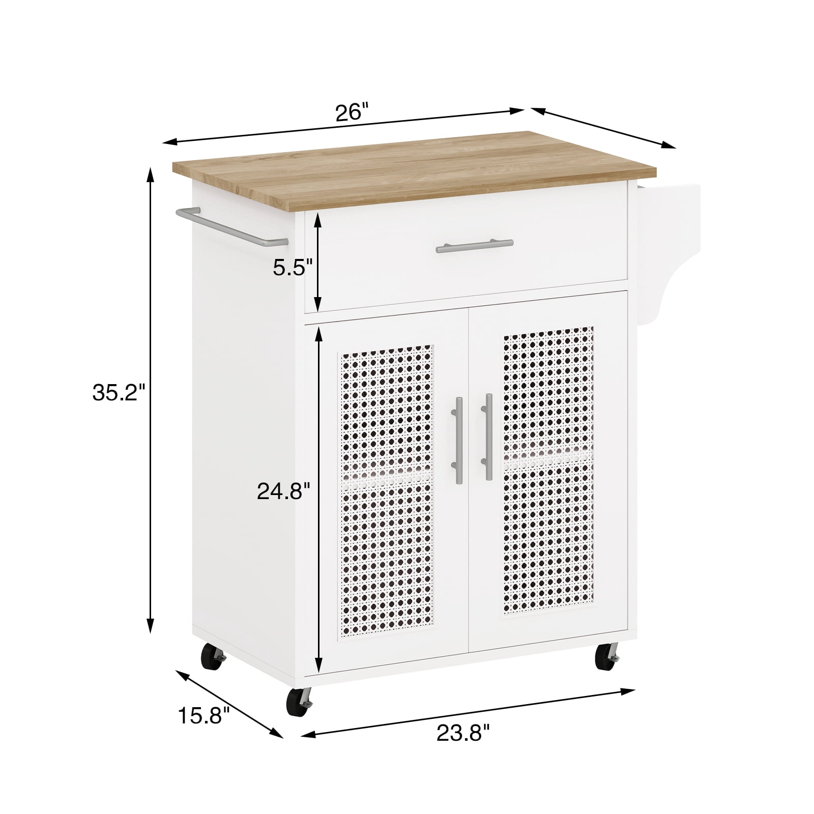 Kitchen Island with Storage, 31" Rolling Kitchen Island on Wheels with Solid Wood Countertop, Kitchen Cart with Rattan Storage Cabinet, Spice Rack, Towel Rack and Drawers, White