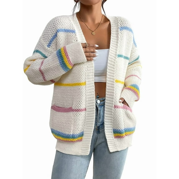 Women'S Open Front Colorful Striped Drop Shoulder Oversized Cardigan Sweater  XL