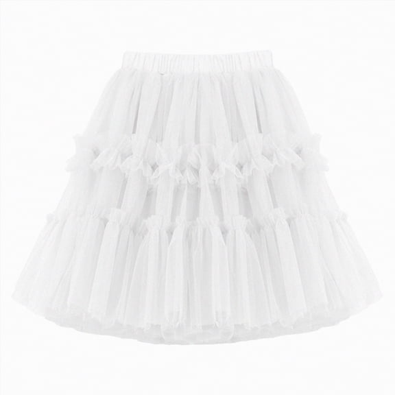 Godom Girls Flowy Tutu Skirt 2T-14T Layered Mesh Elastic Waist Midi Tulle Skirt Party Twirl Dress,White