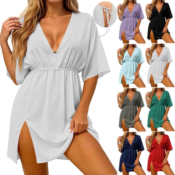 Swimsuit Cover Ups Dress for Women Chiffion Summer Beach Cover Up Sheer V-Neck Bikini Coverup White XL(XL)
