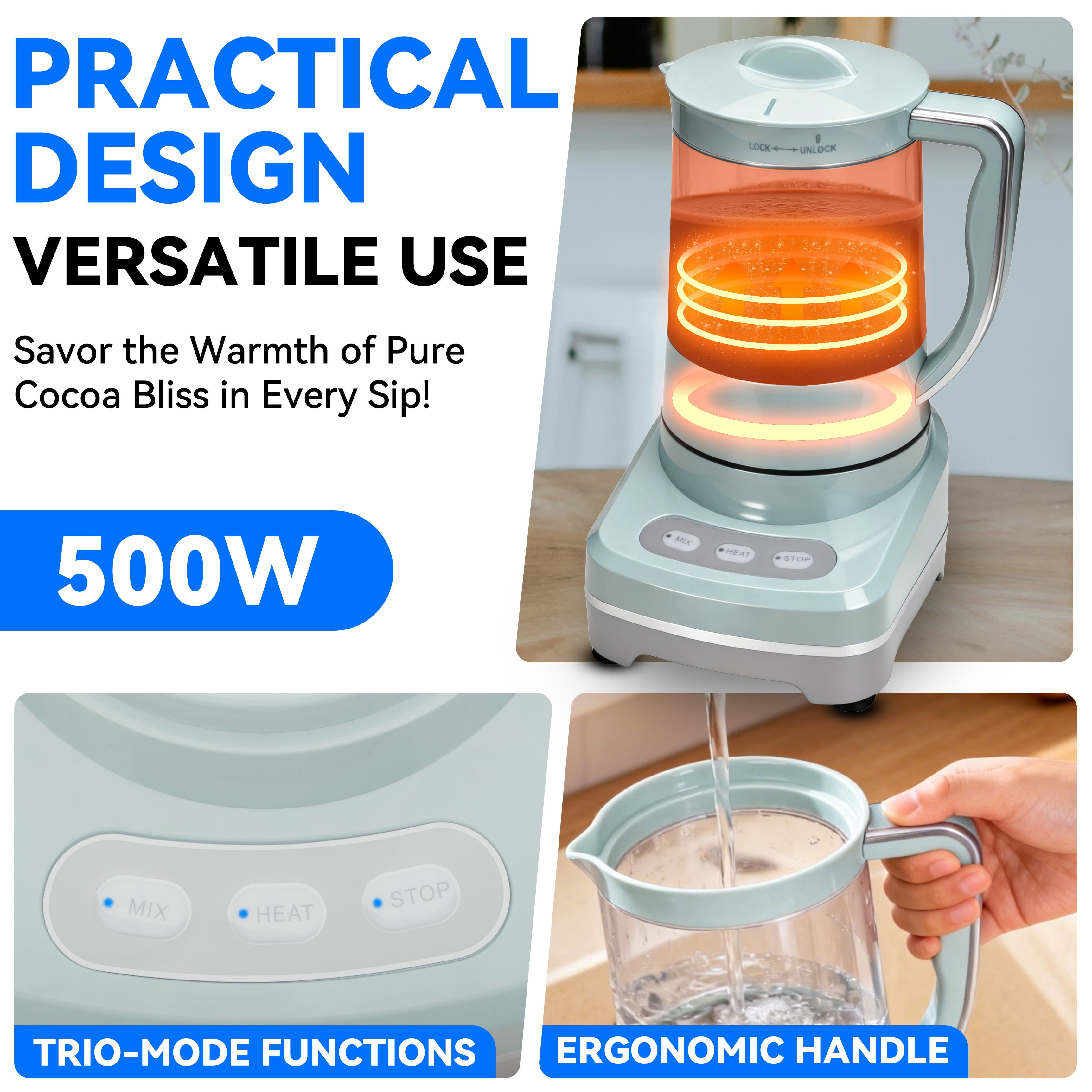 Mailand Hot Chocolate Maker, Milk Warmer for Coffee & Drink, 3-in-1 Warm Chocolate Machine, 3.5 Cups, 29 Oz, Aqua