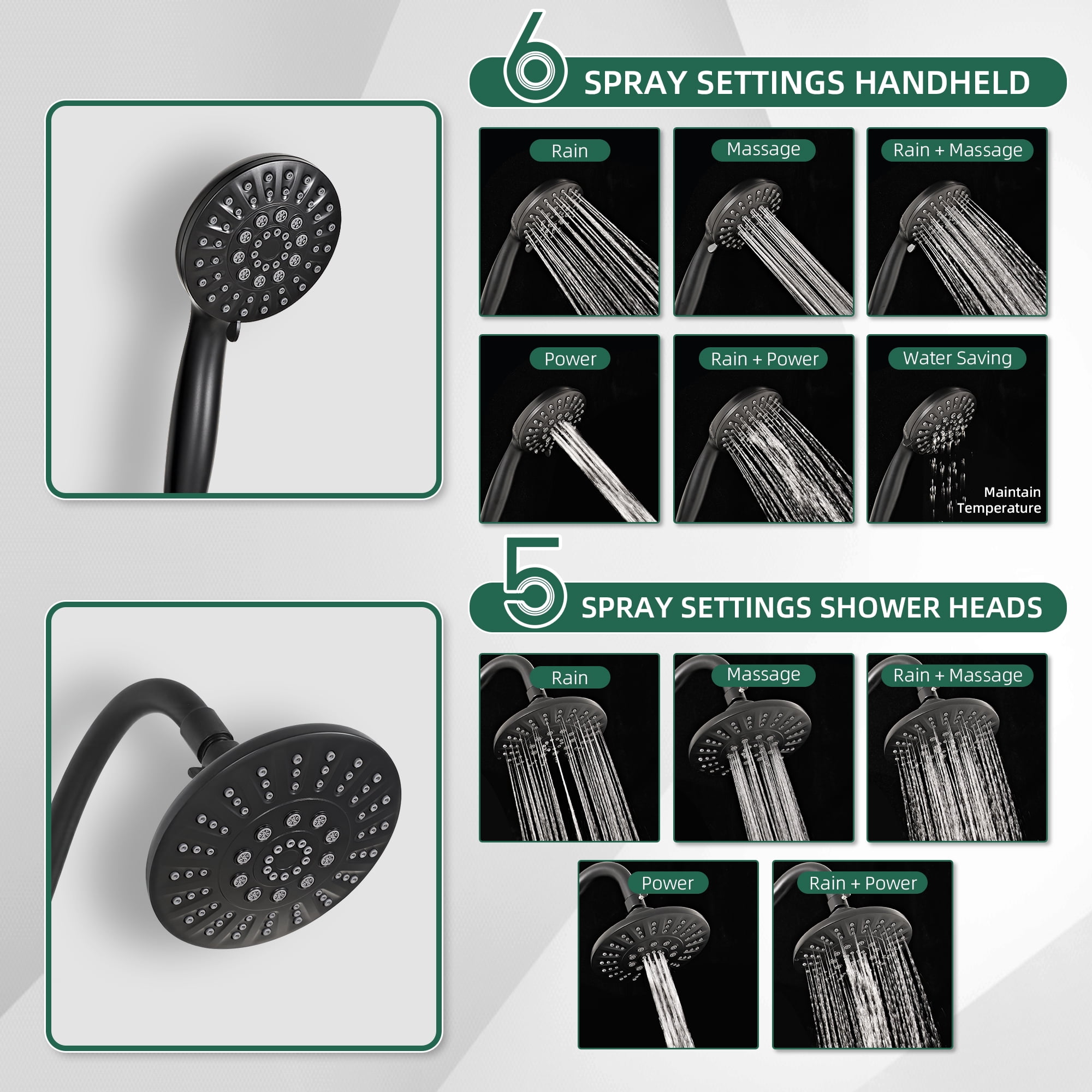 Akicon Rain Shower Head with Handheld Spray Combo, 6-Setting High Pressure Dual Shower Head with Bendable Goose Neck Shower Arm, Rainfall Showerhead System for Bathroom
