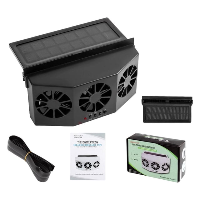 Solar Powered Car Exhaust Fan, 3-Header Auto Air Vent Radiator for Heat Relief, Portable Vehicle Cooling Fan & Odor Eliminator, Universal Fit for Car Window, Black