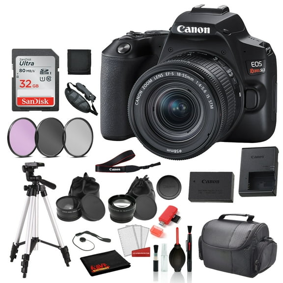 Canon EOS Rebel SL3 Digital SLR Camera with 18-55mm Lens (3453C002) Professional package deal Bundle 'Sandisk 32gb SD Card   3PC Filter Kit   57' Tripod   MORE